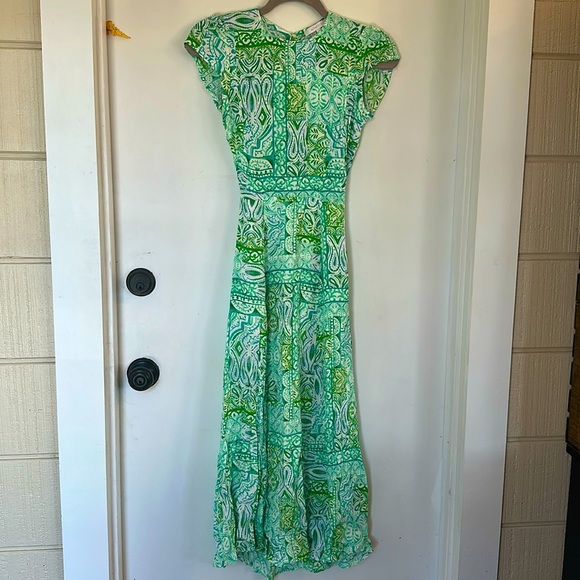 Olivaceous Open Back Maxi Dres green blue print small - Picture 1 of 7
